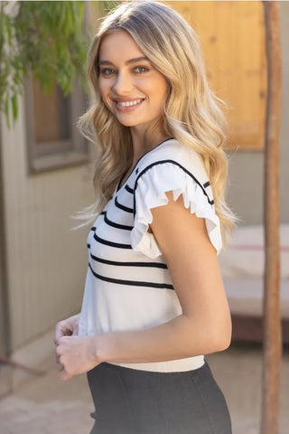 Voy Tops - Blouse Striped Short Ruffle Sleeved Knit Top