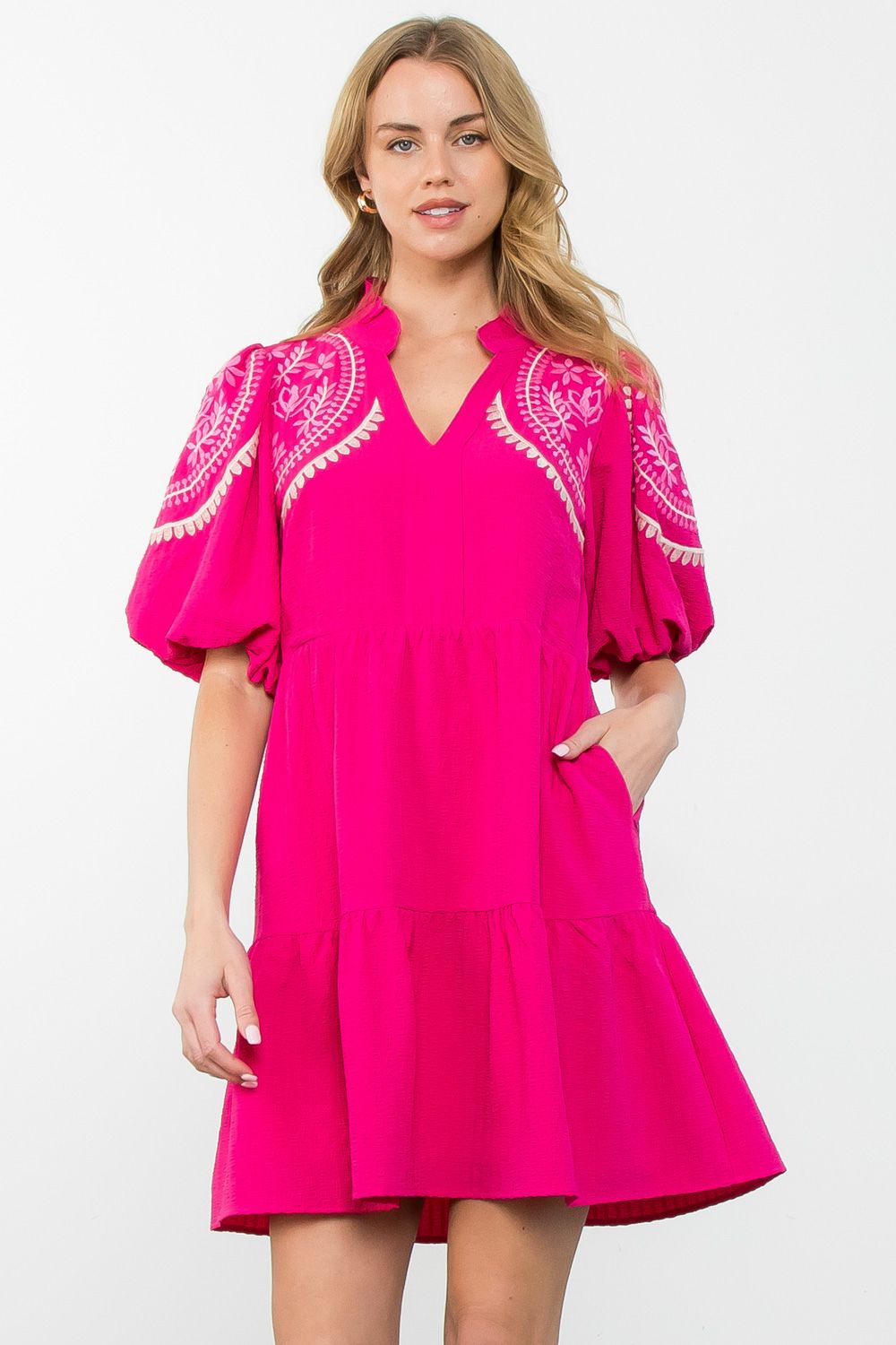 Embroidered Puff Sleeve Tiered Dress
