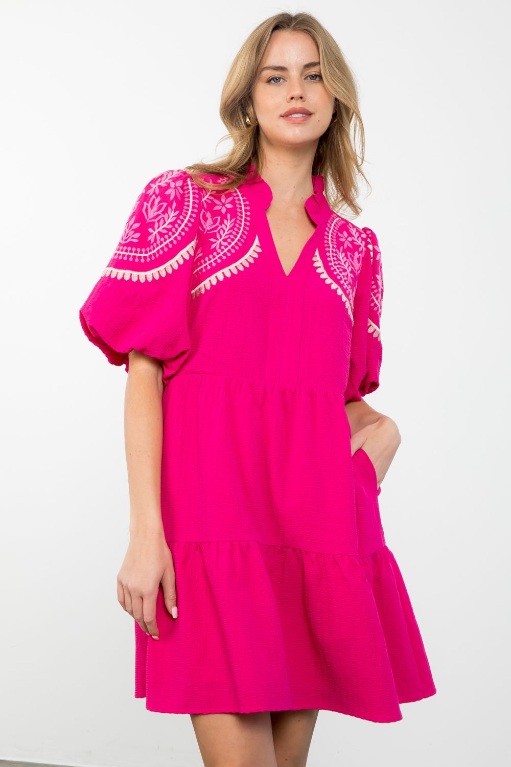 Embroidered Puff Sleeve Tiered Dress
