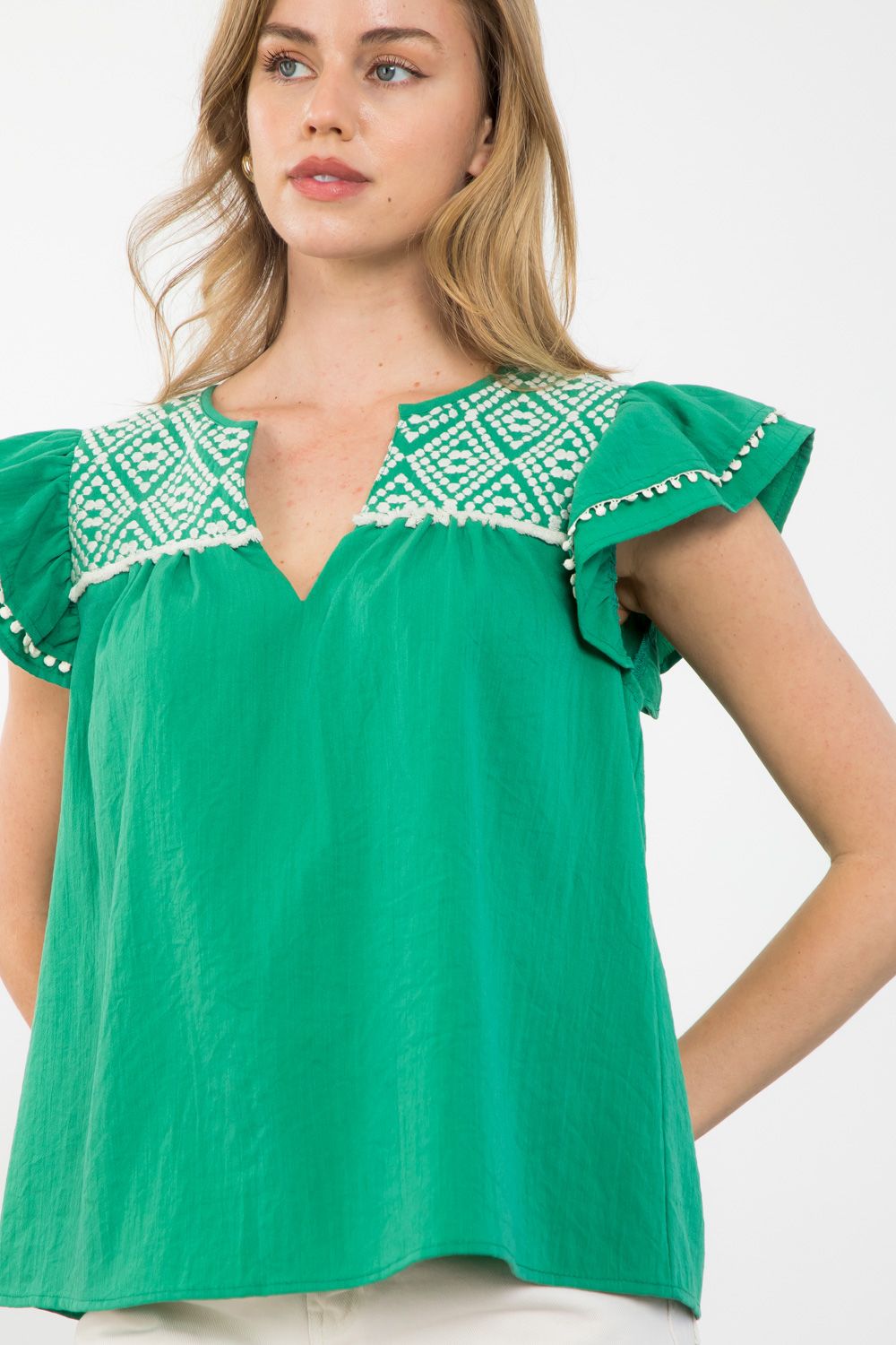 Embroidered Detail Flutter Sleeve Top Green