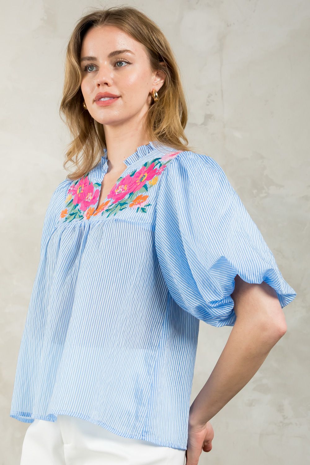 Puff Sleeve Embroidered Striped Top