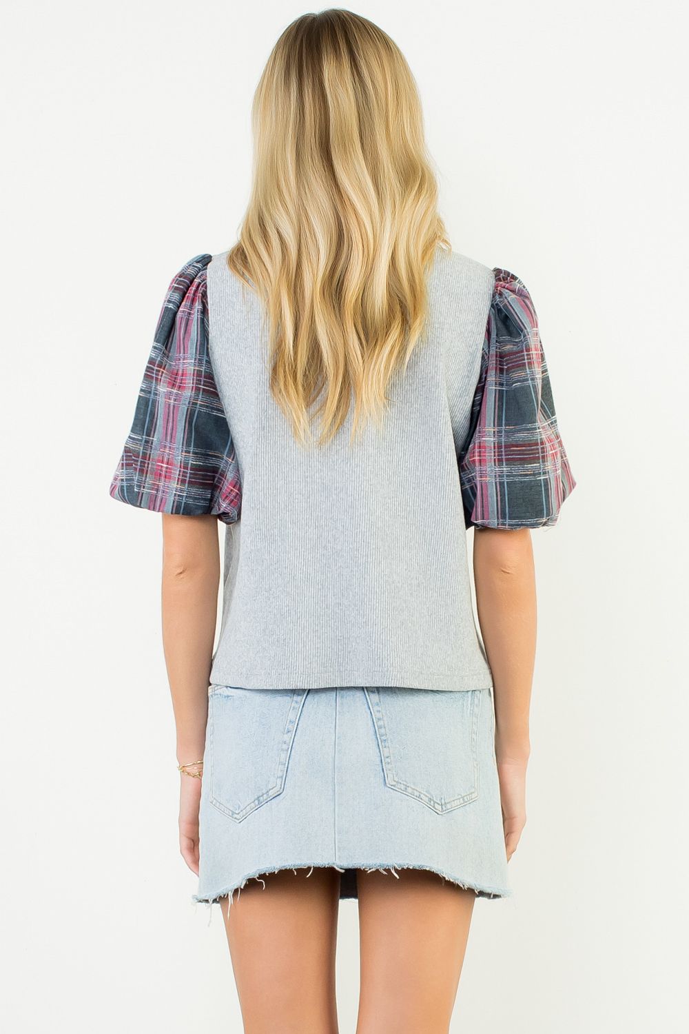 Plaid Puff Sleeve Mixed Media Top