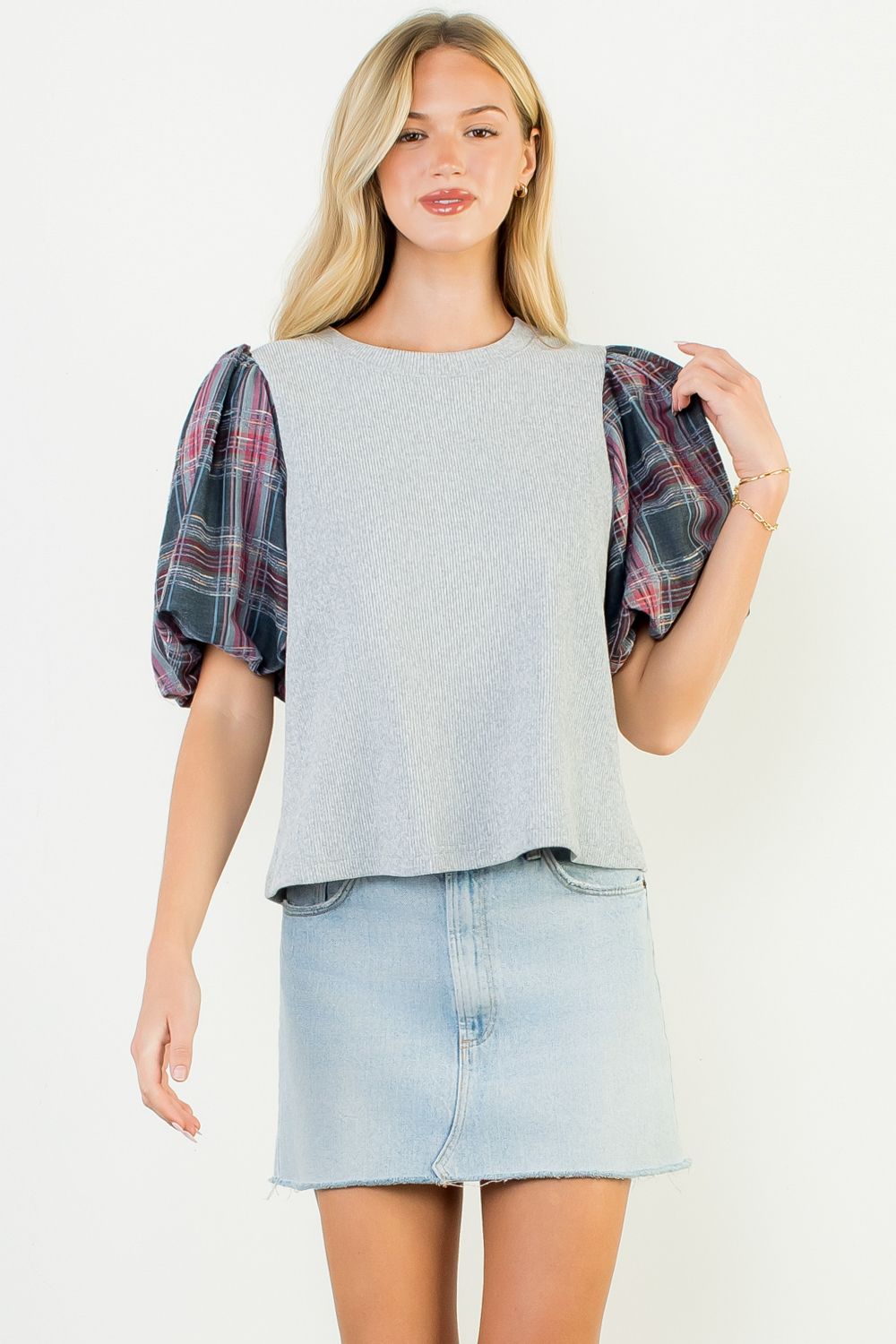 Plaid Puff Sleeve Mixed Media Top