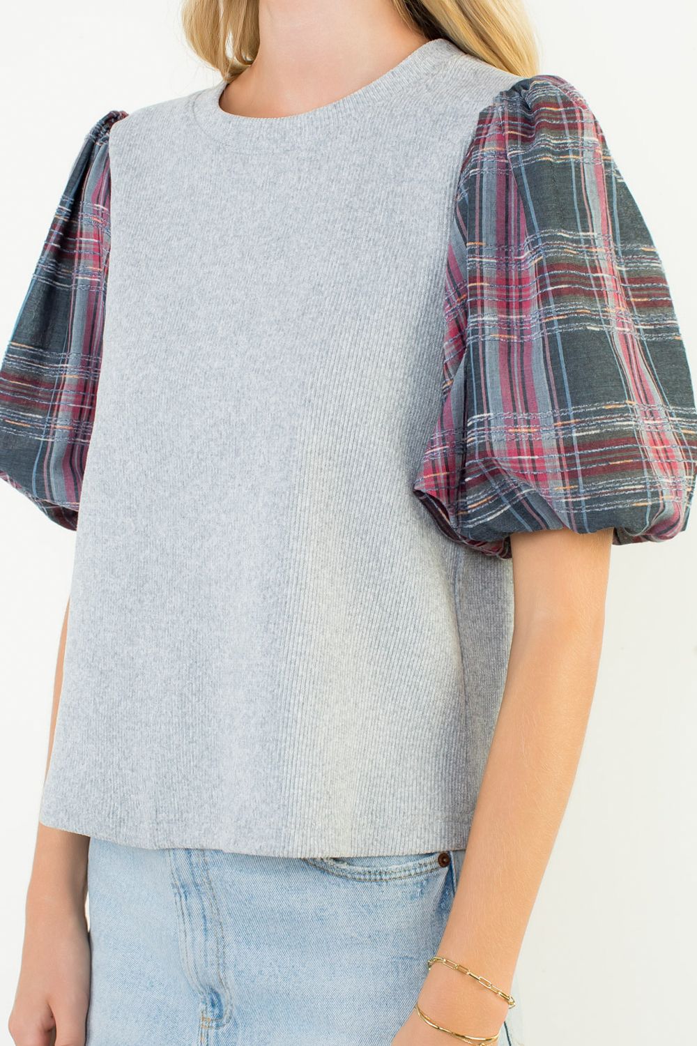 Plaid Puff Sleeve Mixed Media Top