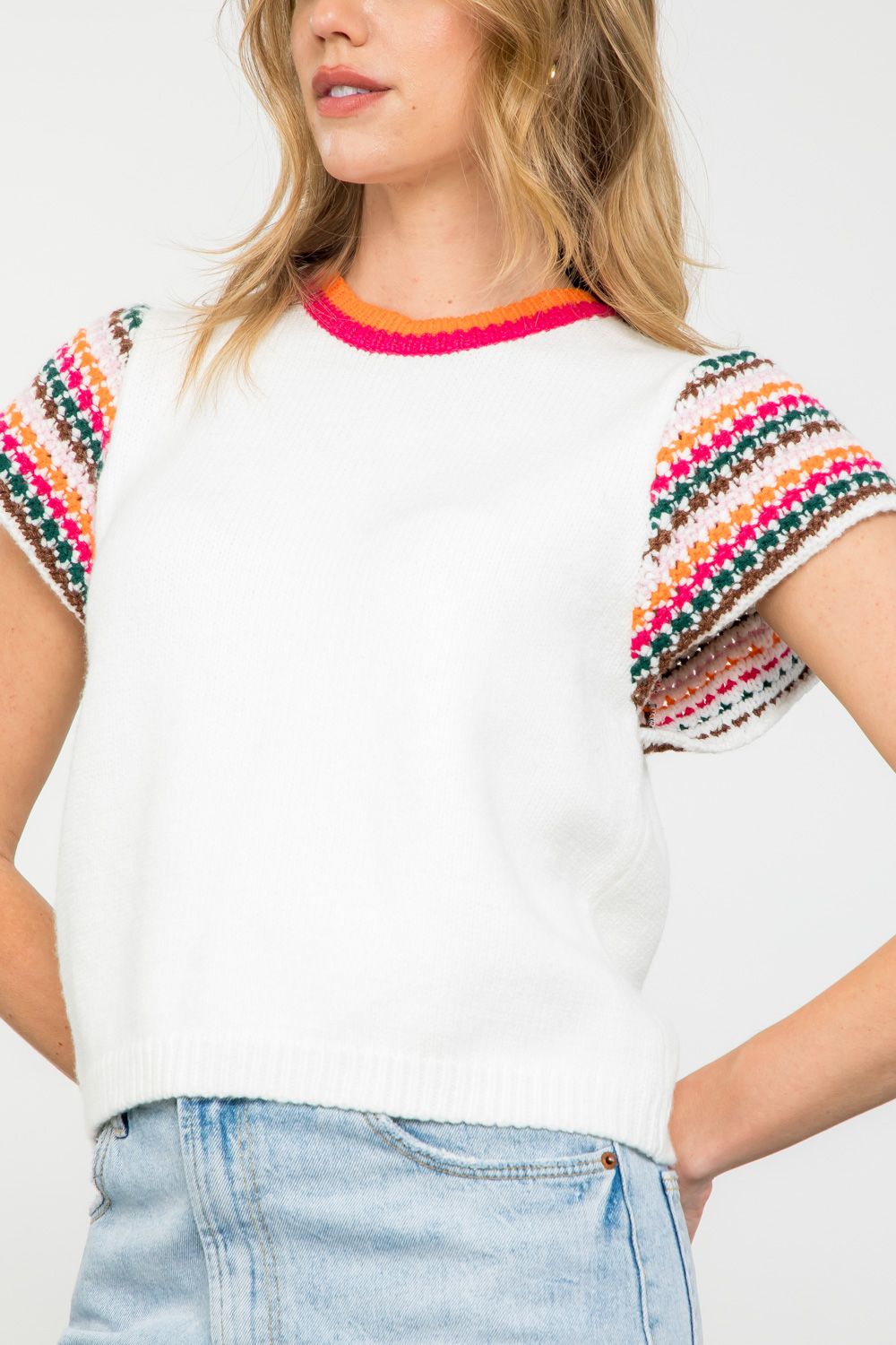 Sale Striped Short Sleeve Sweater