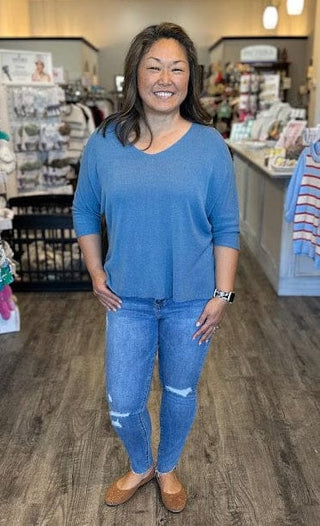 Yolly Italy Tops - Blouse 3/4 Sleeve V-Neck Top Jeans Blue