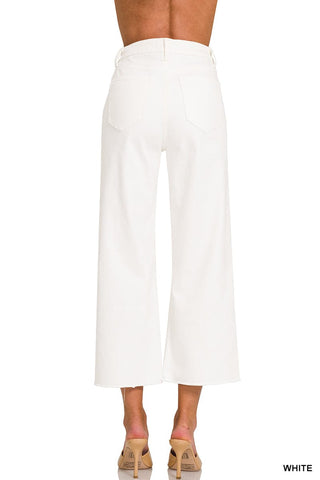 Zenana Bottoms - Pants High Rise Wide Leg Cropped White Denim
