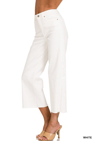 Zenana Bottoms - Pants High Rise Wide Leg Cropped White Denim