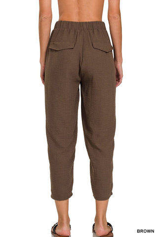 Zenana Bottoms - Pants Woven Crepe Drawstring Elastic Band Pants