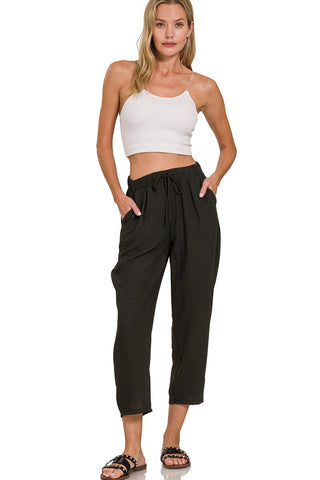 Zenana Bottoms - Pants Woven Crepe Drawstring Elastic Band Pants