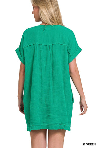 Zenana Dresses Sale Short Sleeve Double Gauze Raw Edge Dress 7/25
