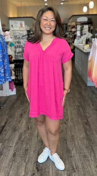 Zenana Dresses Short Sleeve Double Gauze Raw Edge Dress Hot Pink