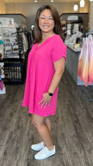 Zenana Dresses Short Sleeve Double Gauze Raw Edge Dress Hot Pink