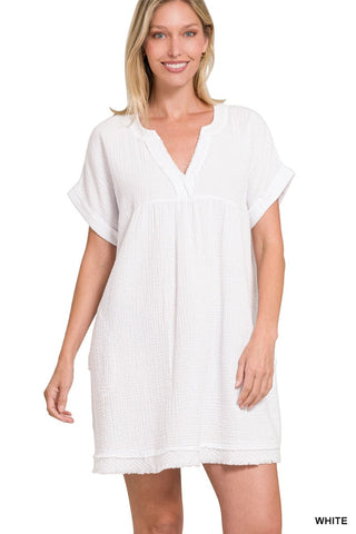 Zenana Dresses Sm Sale Short Sleeve Double Gauze Raw Edge Dress 7/25