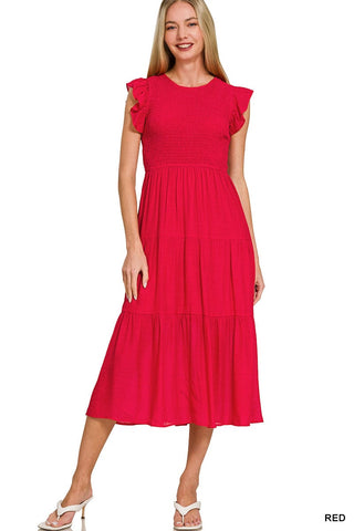 Zenana Dresses Sm Woven Smocked Bodice Ruffle Sleeve Midi Dress Red