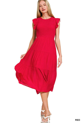 Zenana Dresses Woven Smocked Bodice Ruffle Sleeve Midi Dress Red
