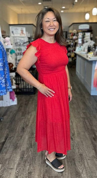 Zenana Dresses Woven Smocked Bodice Ruffle Sleeve Midi Dress Red
