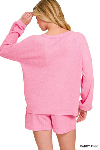 Zenana Loungewear- Sleepwear Brushed Ribbed Hacci V-Neck Long Sleeve Top and Shorts Set Candy Pink