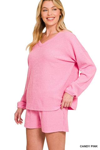 Zenana Loungewear- Sleepwear Brushed Ribbed Hacci V-Neck Long Sleeve Top and Shorts Set Candy Pink