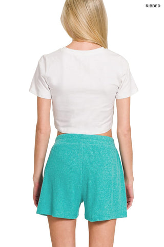 Zenana Loungewear- Sleepwear Brushed Ribbed Hacci V-Neck Long Sleeve Top and Shorts Set Light Teal