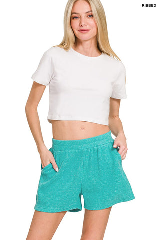 Zenana Loungewear- Sleepwear Brushed Ribbed Hacci V-Neck Long Sleeve Top and Shorts Set Light Teal