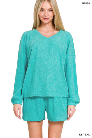 Zenana Loungewear- Sleepwear Brushed Ribbed Hacci V-Neck Long Sleeve Top and Shorts Set Light Teal