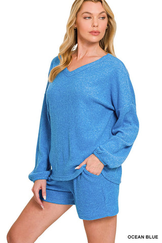Zenana Loungewear- Sleepwear Brushed Ribbed Hacci V-Neck Long Sleeve Top and Shorts Set Ocean Blue
