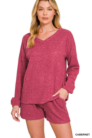 Zenana Loungewear- Sleepwear Sm Brushed Ribbed Hacci V-Neck Long Sleeve Top and Shorts Set Cabernet