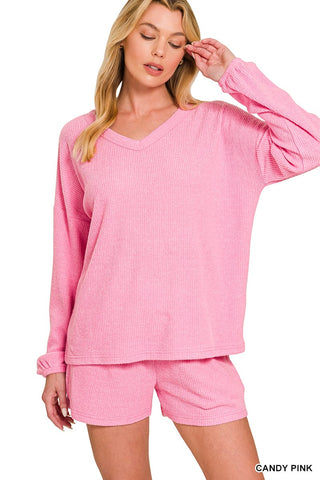 Zenana Loungewear- Sleepwear Sm Brushed Ribbed Hacci V-Neck Long Sleeve Top and Shorts Set Candy Pink