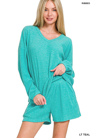 Zenana Loungewear- Sleepwear Sm Brushed Ribbed Hacci V-Neck Long Sleeve Top and Shorts Set Light Teal