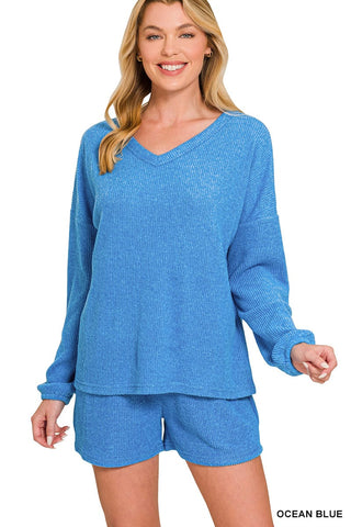 Zenana Loungewear- Sleepwear Sm Brushed Ribbed Hacci V-Neck Long Sleeve Top and Shorts Set Ocean Blue