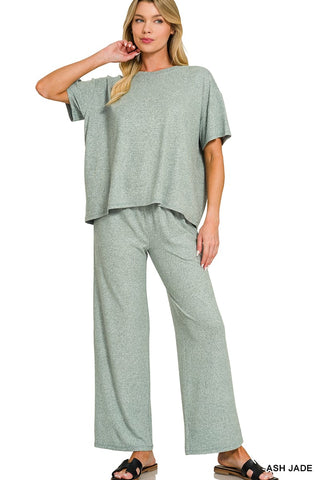 Zenana Loungewear- Sleepwear Sm Soft Melange Short Sleeve Tee & Lounge Pant Set - Ash Jade