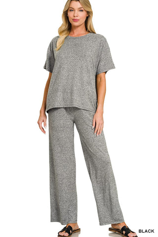 Zenana Loungewear- Sleepwear Sm Soft Melange Short Sleeve Tee & Lounge Pant Set - Black