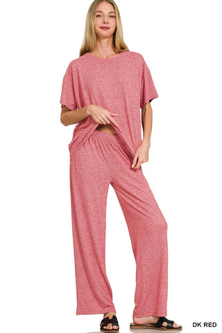 Zenana Loungewear- Sleepwear Sm Soft Melange Short Sleeve Tee & Lounge Pant Set - Dark Red