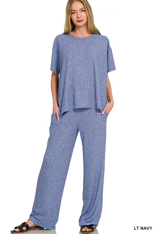 Zenana Loungewear- Sleepwear Sm Soft Melange Short Sleeve Tee & Lounge Pant Set - Light Navy