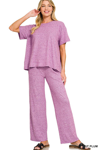 Zenana Loungewear- Sleepwear Sm Soft Melange Short Sleeve Tee & Lounge Pant Set - Light Plum