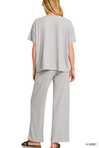 Zenana Loungewear- Sleepwear Soft Melange Short Sleeve Tee & Lounge Pant Set - Ash Jade