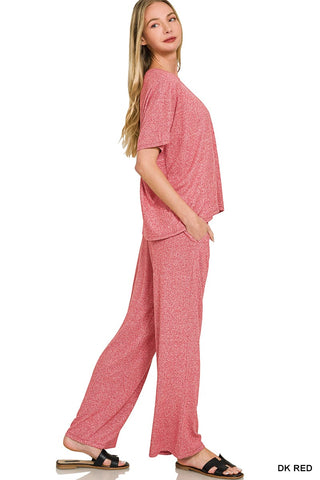 Zenana Loungewear- Sleepwear Soft Melange Short Sleeve Tee & Lounge Pant Set - Dark Red