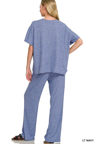 Zenana Loungewear- Sleepwear Soft Melange Short Sleeve Tee & Lounge Pant Set - Light Navy