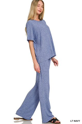Zenana Loungewear- Sleepwear Soft Melange Short Sleeve Tee & Lounge Pant Set - Light Navy
