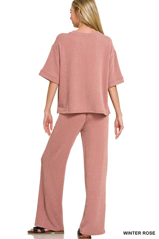 Zenana Sets Raised Rib Cap Sleeve Top & Pant Set Hot Pink