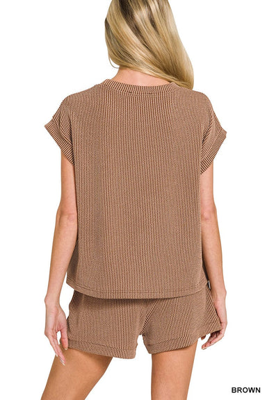 Zenana Sets Raised Rib Cap Sleeve Top & Shorts Set Green