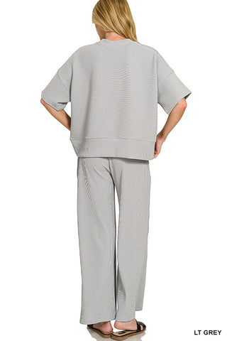 Zenana Sets Ribbed Round Neck Tee and Pant Set Navy