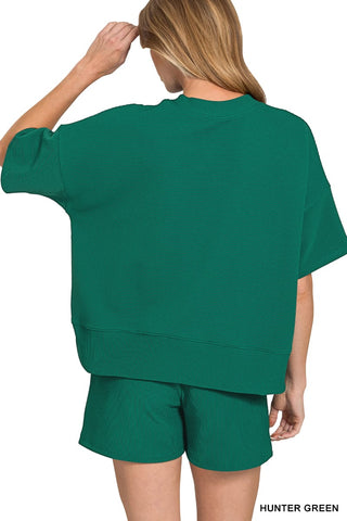 Zenana Sets Ribbed Round Neck Tee and Short Set Sand Beige