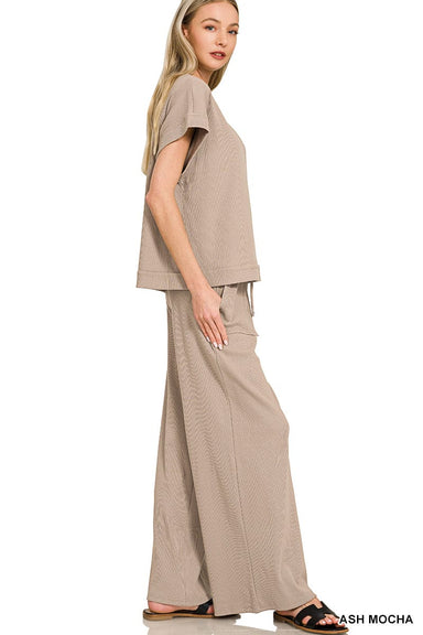 Zenana Sets Ribbed Short Sleeve Tee & Pant Set Ash Mocha
