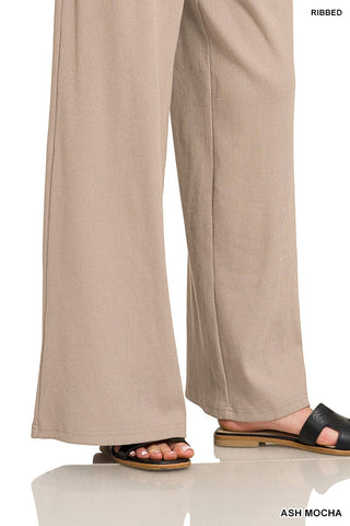 Zenana Sets Ribbed Short Sleeve Tee & Pant Set Ash Mocha
