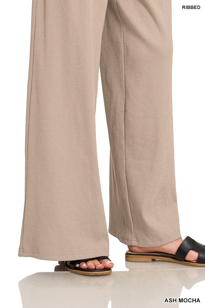 Zenana Sets Ribbed Short Sleeve Tee & Pant Set Ash Mocha