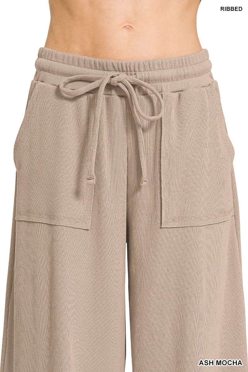 Zenana Sets Ribbed Short Sleeve Tee & Pant Set Ash Mocha