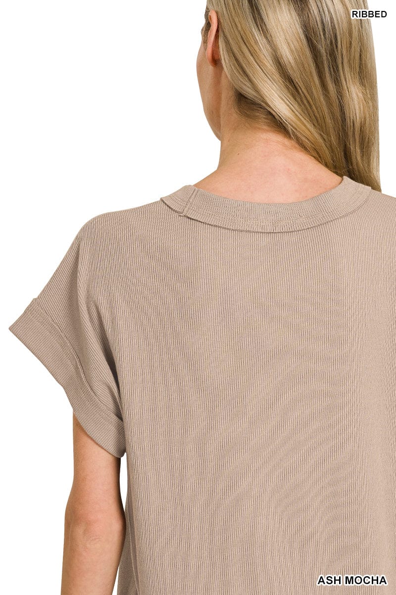 Zenana Sets Ribbed Short Sleeve Tee & Pant Set Ash Mocha