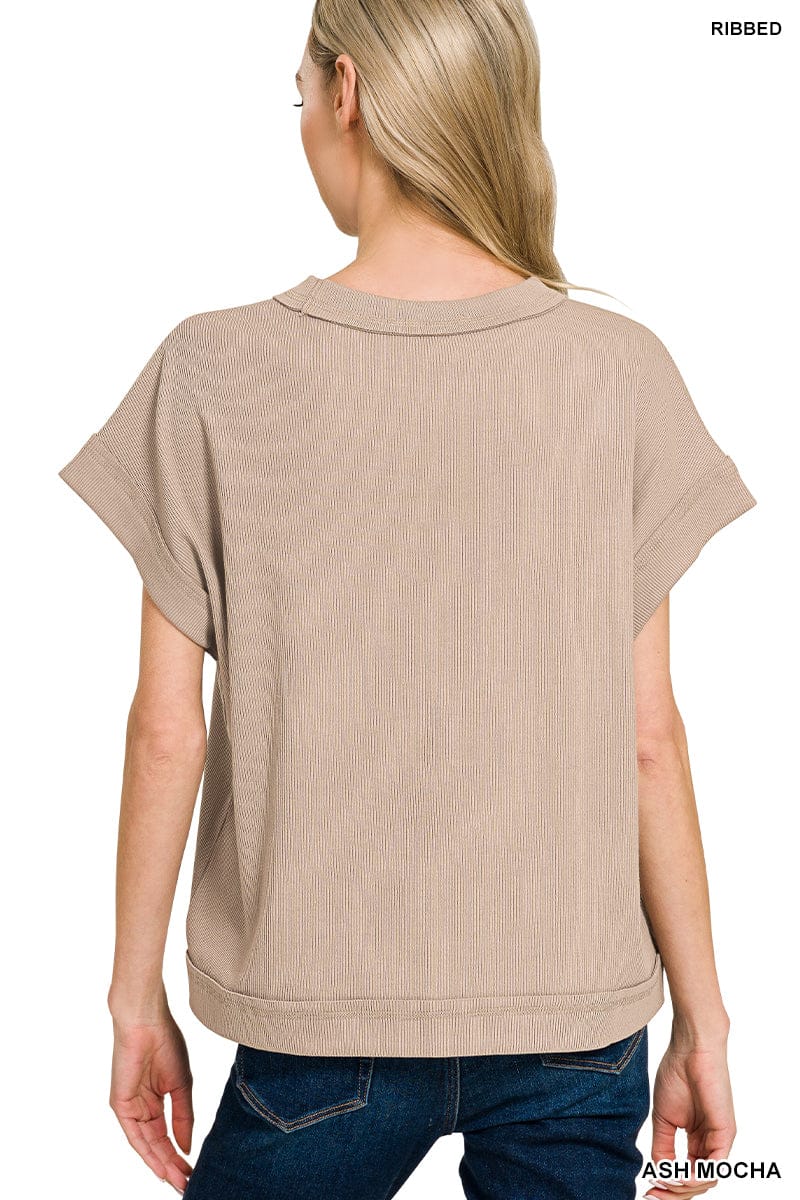 Zenana Sets Ribbed Short Sleeve Tee & Pant Set Ash Mocha
